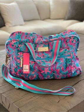 NWT—-Lilly Pulitzer Turquoise & Pink Seaweed Samba Travel Duffel / Weekender